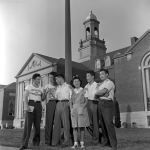 University of Connecticut, Storrs, Connecticut group (evacuees only). Left to right, Jim Nakano (Topaz, Redwood City, California); Tokuji Furuta (Poston, San Diego, California); Kei Hori (Heart Mountain, San Francisco, California); Edna Sakamoto (Tule and Denson); Yoneo Ono (Poston, Bakersfield, California); Ken Nakuoka (Denson, Torrance, California).—Photographer: Iwasaki, Hikaru—Storrs, Connecticut 8/?/44.