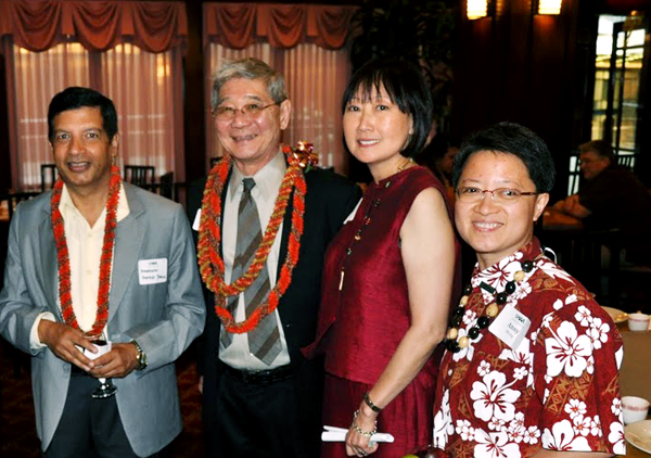 Gale meets with key APA leaders during a University of Hawai'i dinner. Left to right: Dr. Shankar Sharma, Ambassador to the U.S. from Nepal; Dr. Franklin Odo, Founding director of the Smithsonian Asian Pacific American Program; Gale Awaya McCallum; Dr. Anny Wong, East-West Center Association/DC Chapter President.