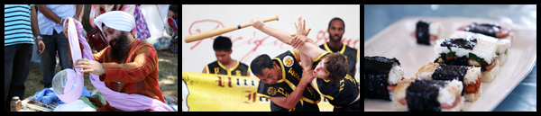 Demonstrations of Sikh turban tying, the martial art of eskrima, and preparation of spam musubi