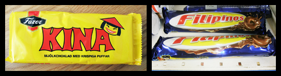 'Kina' is a chocolate bar by Fazer, and 'Filipinos' are chocolate-covered cookies.