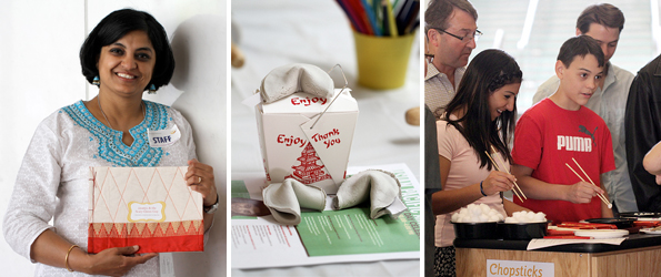 From left: Storybook artist Sushmita Mazumdar, clay fortune cookies, and chopsticks game.