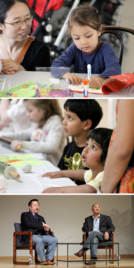 From top: handmade storybooks, clay fortune cookies, and Q&A session Derek Shimoda (right) moderated by Cedric Yeh (left).