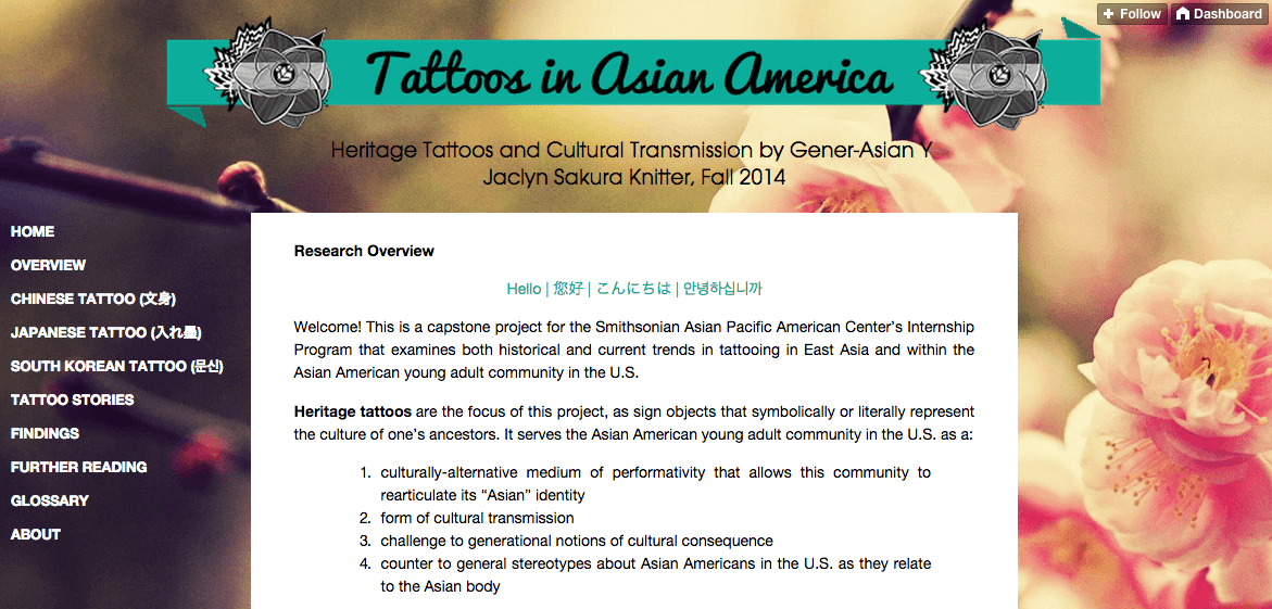 Jaclyn Sakura Knitter made a website on the culture of tattoos in Asian America for her capstone project during her internship with the Smithsonian Asian Pacific American Center.